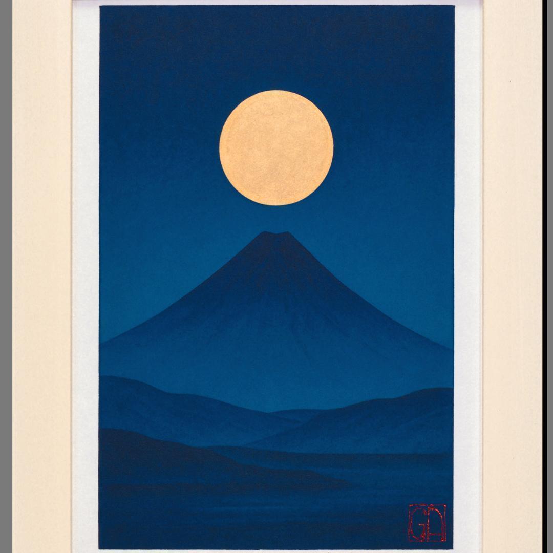 静寂の青『満月と夜の富士山』●AIアート和紙20枚限定A4額装品がんどうあつし作