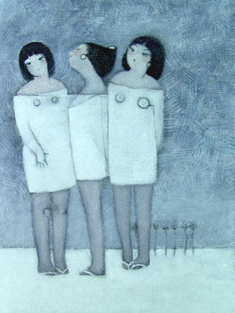 油絵 菅家令子 絵画インテリア額付( 青緑＋金色の枠) F4-142023冬女子