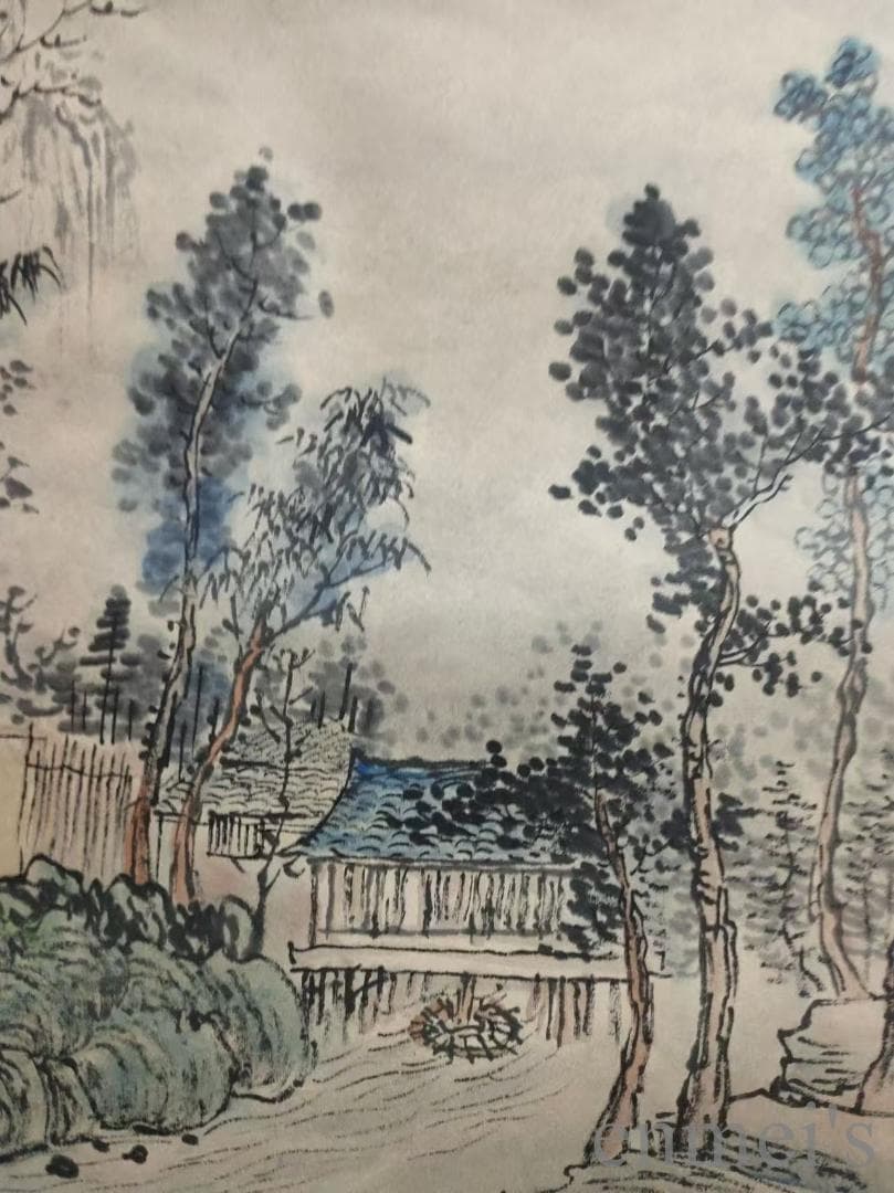 中国古美術.清時代.王原祁款.山水図.宣紙画.三尺手描き.水墨画.掛軸.詩文付き