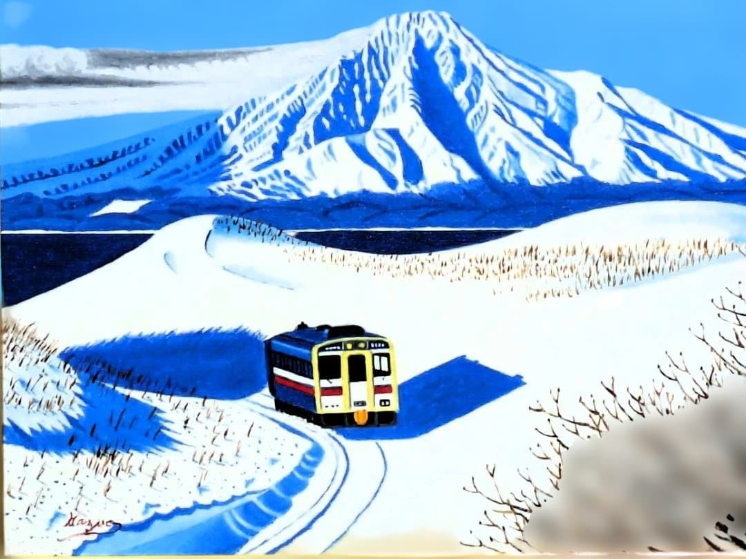 ★利尻島と走る電車・肉筆油彩画・F6キャンバス