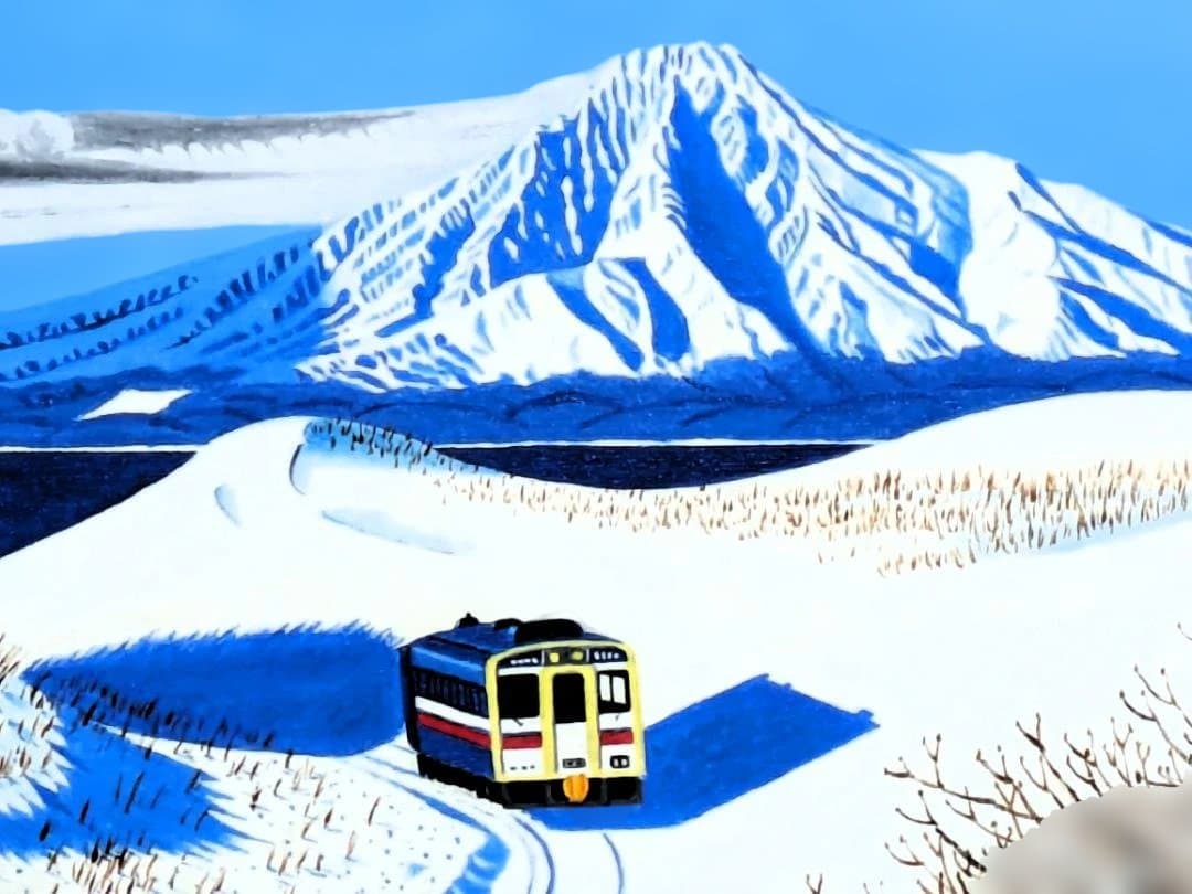 ★利尻島と走る電車・肉筆油彩画・F6キャンバス