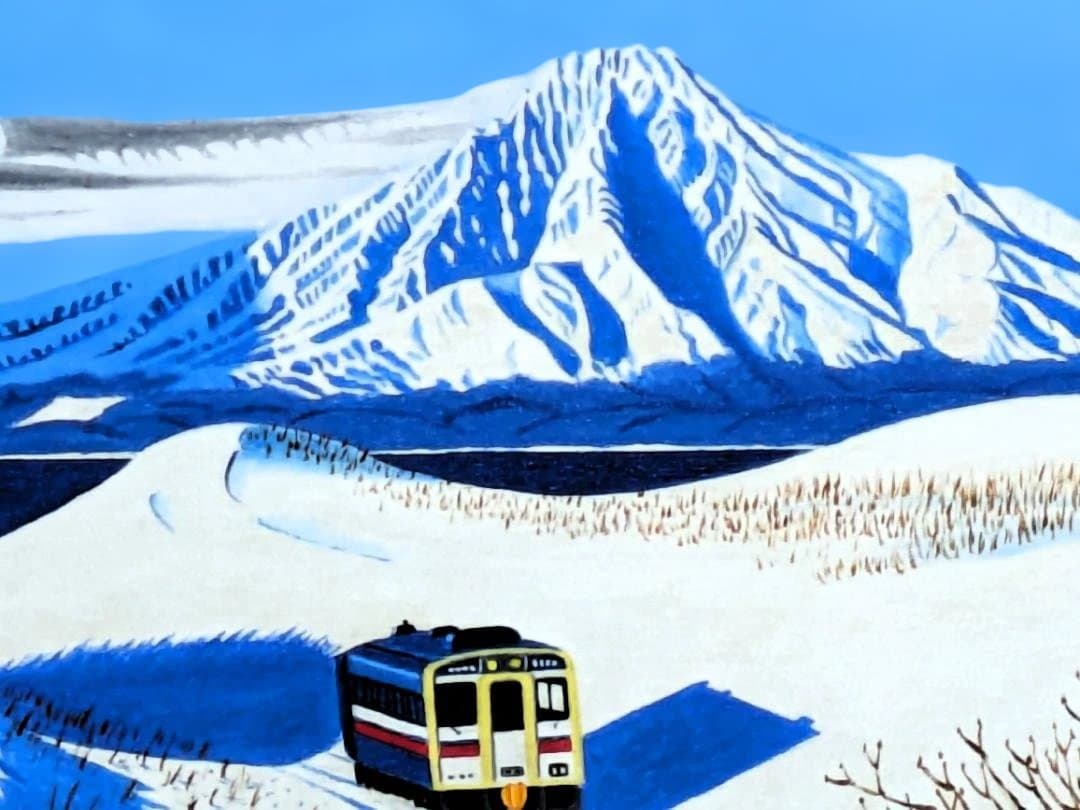 ★利尻島と走る電車・肉筆油彩画・F6キャンバス