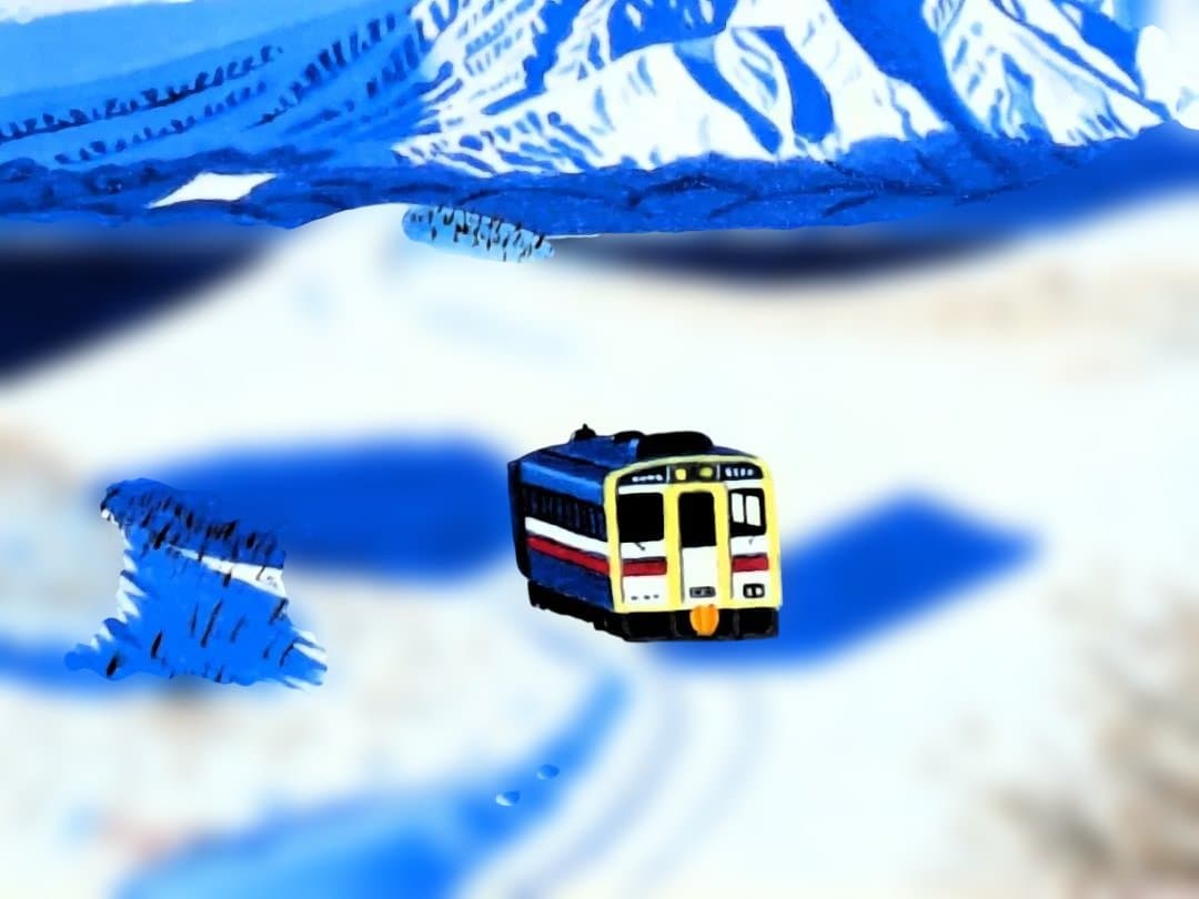 ★利尻島と走る電車・肉筆油彩画・F6キャンバス