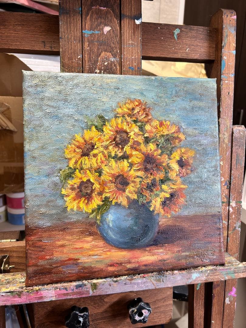 ひまわりの花束 油彩画 金色フレーム付き