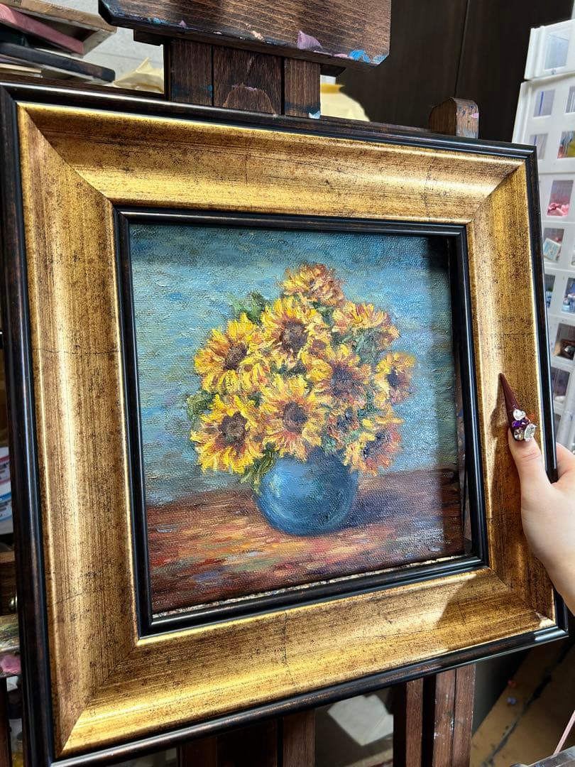 ひまわりの花束 油彩画 金色フレーム付き