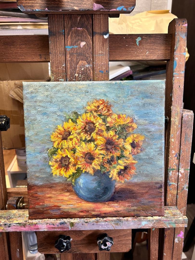 ひまわりの花束 油彩画 金色フレーム付き