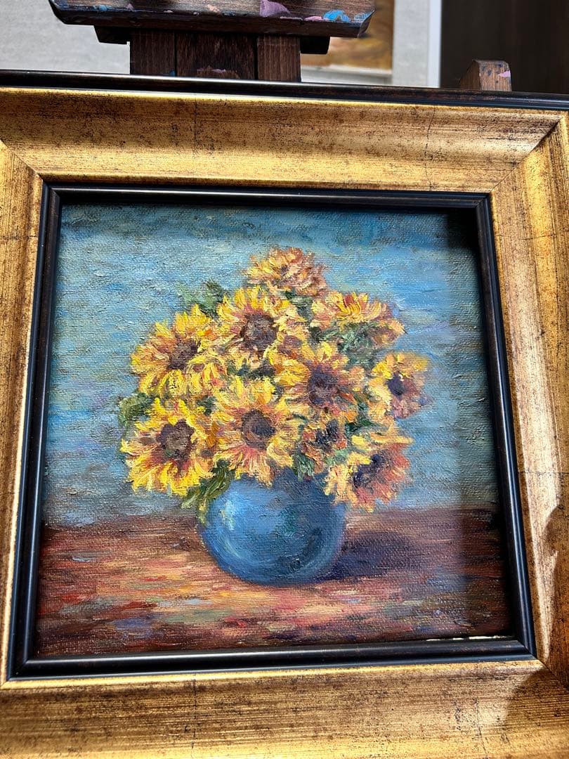 ひまわりの花束 油彩画 金色フレーム付き