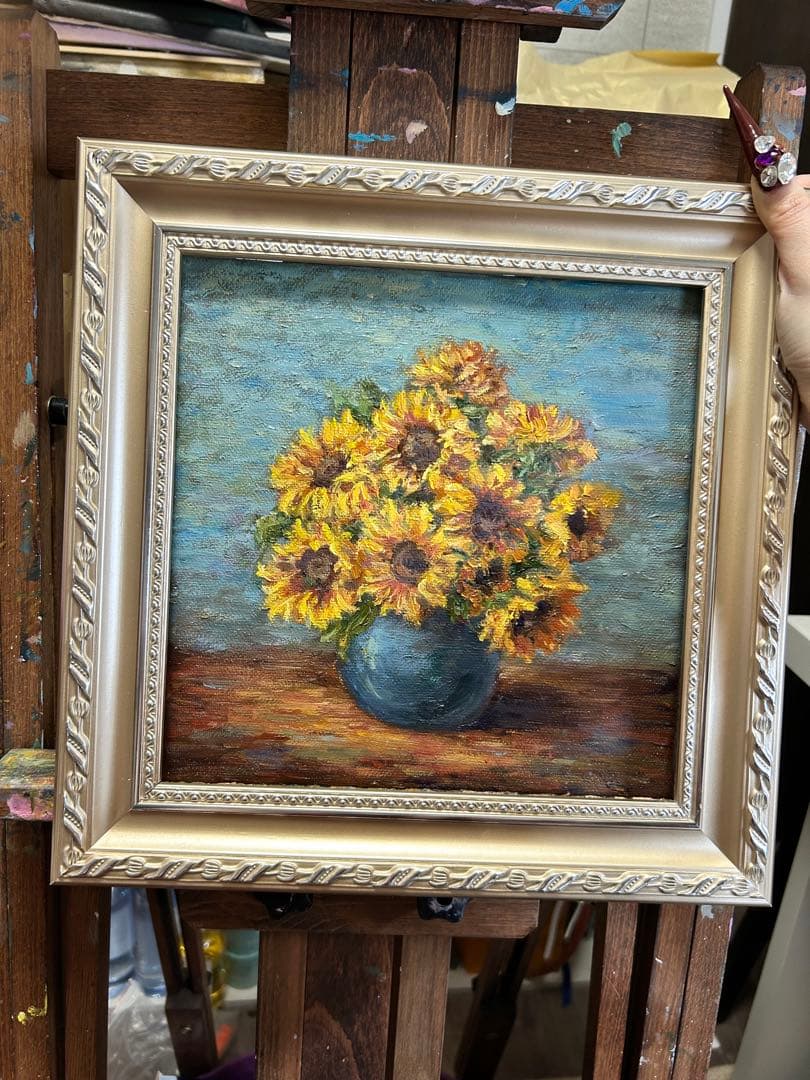 ひまわりの花束 油彩画 金色フレーム付き