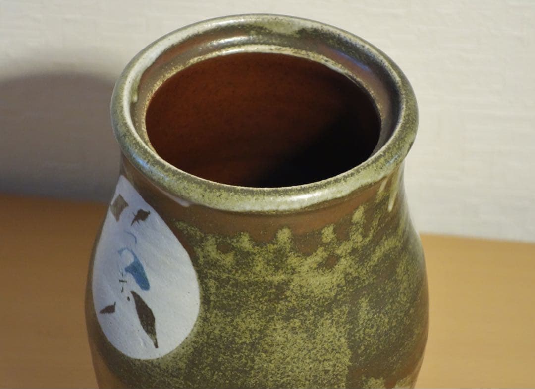 未使用保管品　益子焼　明石庄作　鉄釉花紋花生　花瓶　濱田庄司師事　フラワーベース