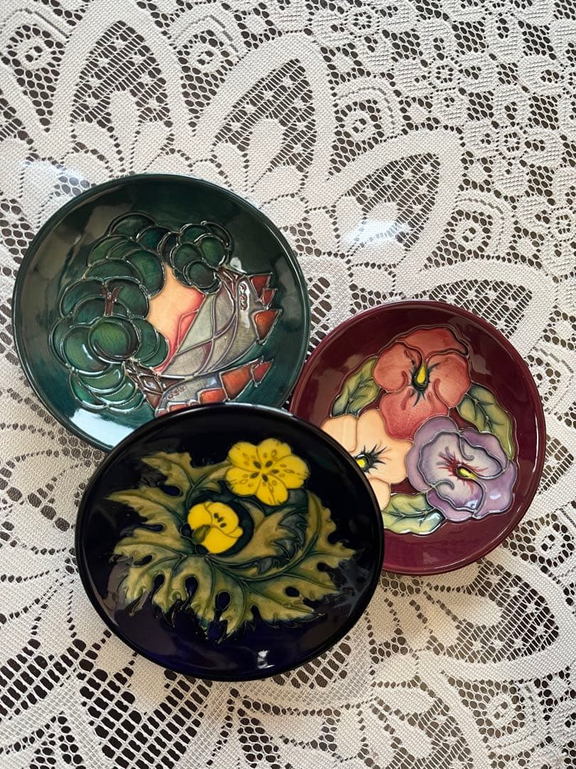 ★MOORCROFT★ ムーアクロフト イギリス手描き花柄小皿3枚 S189