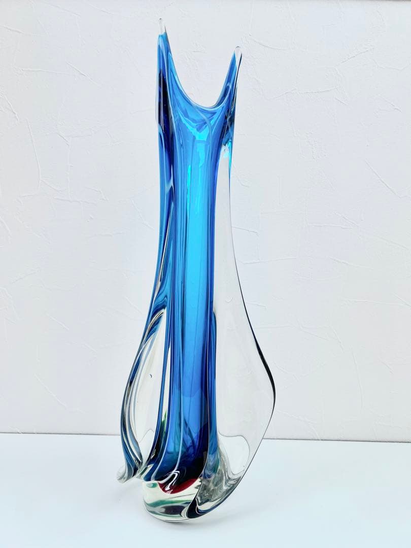 ガラス 花瓶 フリル フラワーベース マルティ グラス 昭和 レトロ blue