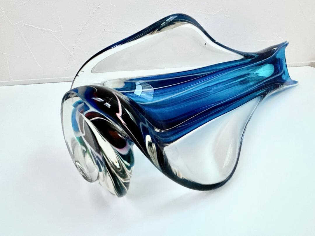 ガラス 花瓶 フリル フラワーベース マルティ グラス 昭和 レトロ blue