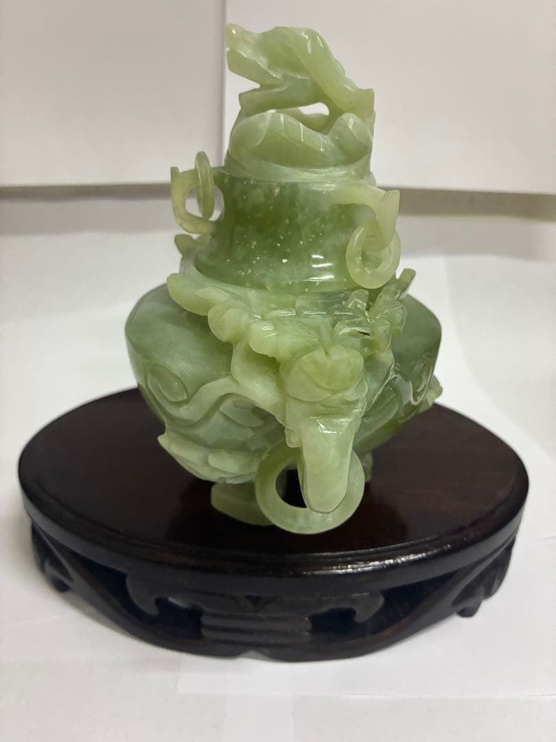 中国玉石彫刻　双耳活環　獅子蓋　岫玉爐　置物オブジェ