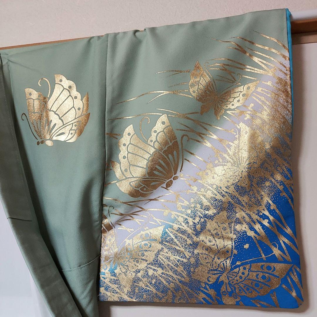 男着物　舞台衣裳　着物　袷　ふき綿仕立て　金彩　蝶　裄66.5cm　丈153cm