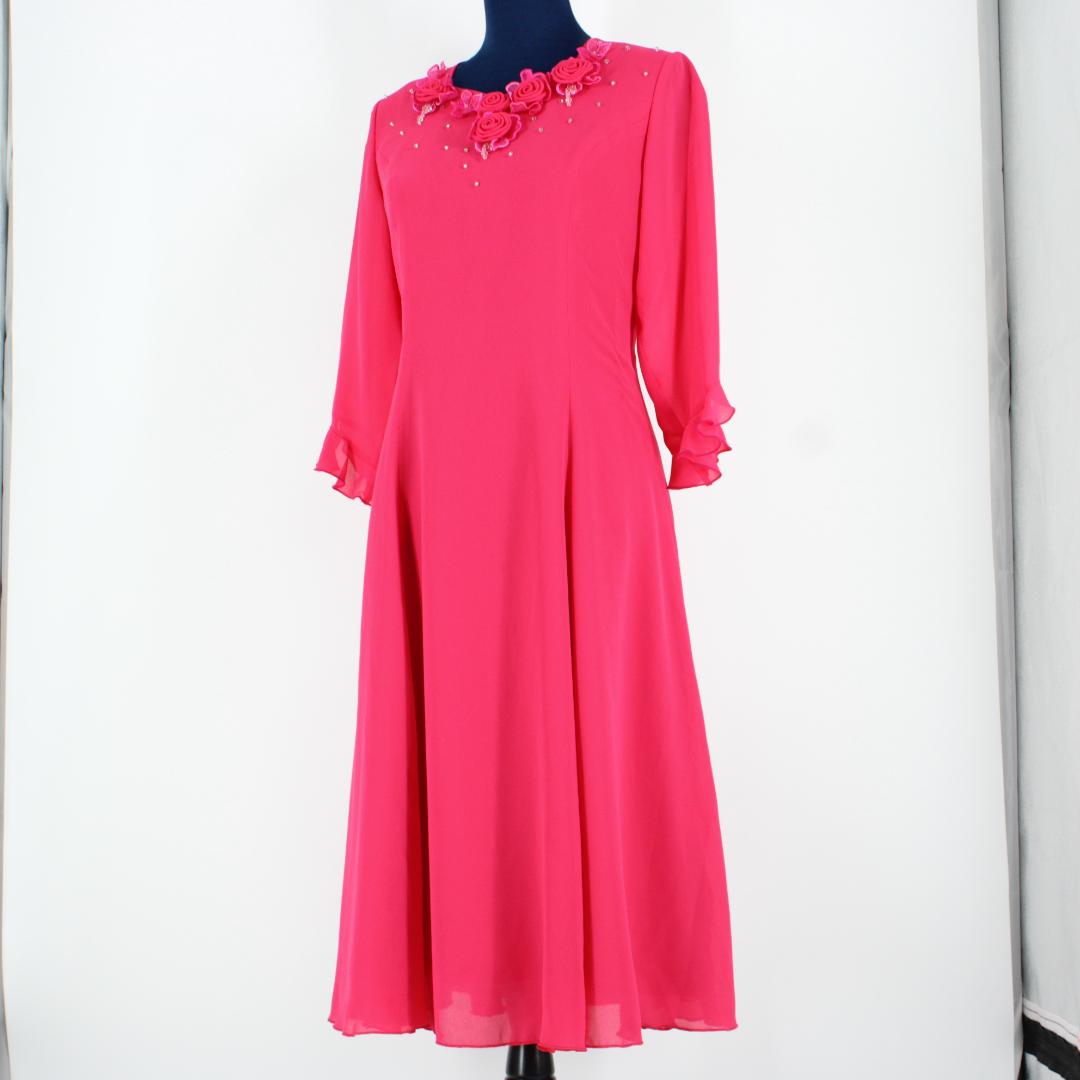 【美品 社交ダンス衣装】ワンピース ドレス Mサイズ マゼンダ ピンク 花飾り
