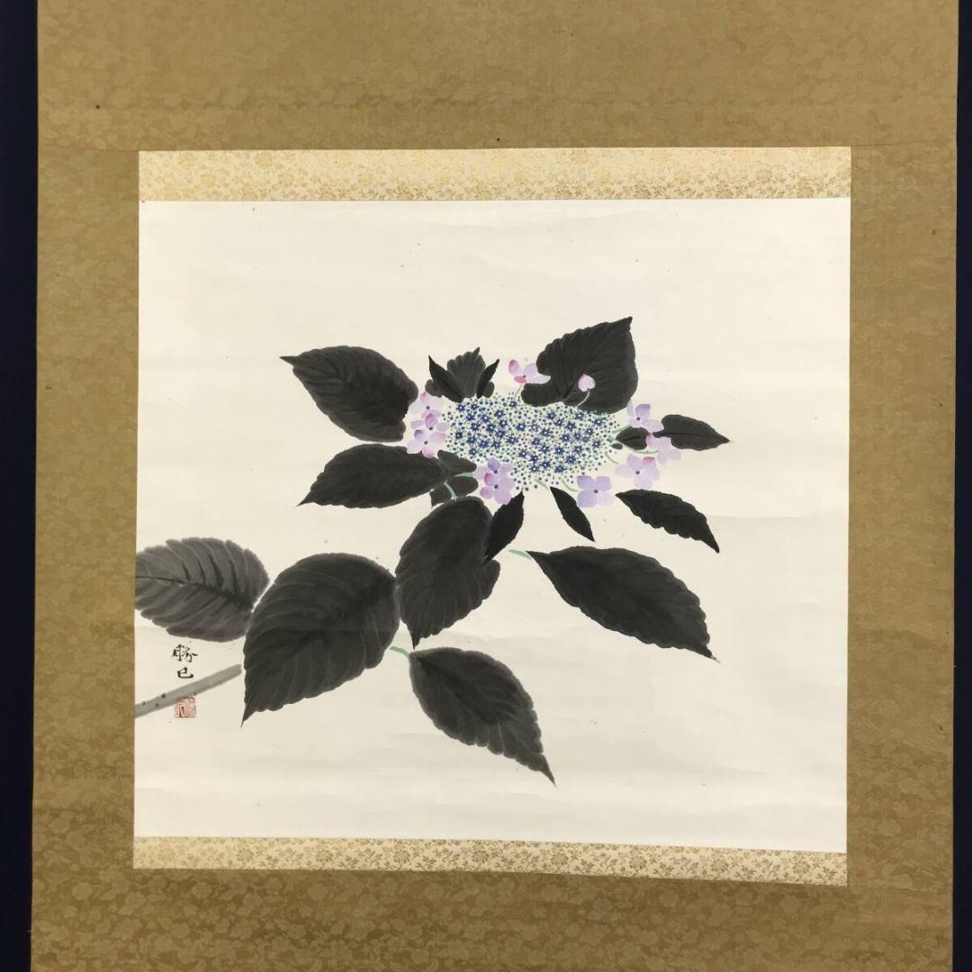 真作/会津勝巳/八仙花/紫陽花図/横物/花図/初夏/掛軸☆宝船☆AK-757