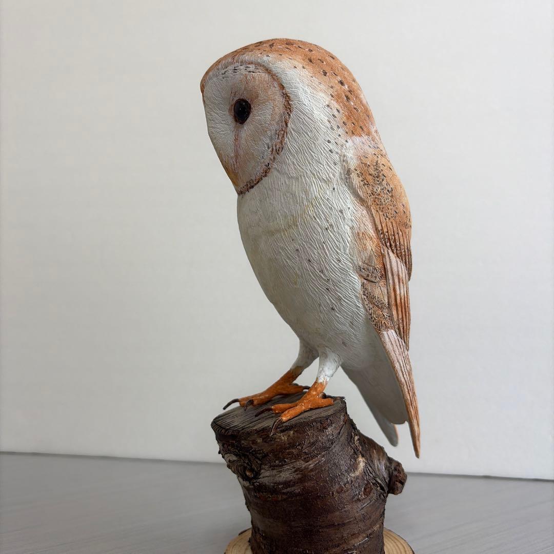 野鳥.メンフクロウ　バードカービング　野鳥彫刻　木彫り野鳥　一点物　ハンドメイド