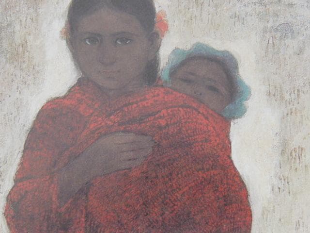 國府克、【子守図】、希少な大判額装用画集より、美品、日本人画家、新品額装付