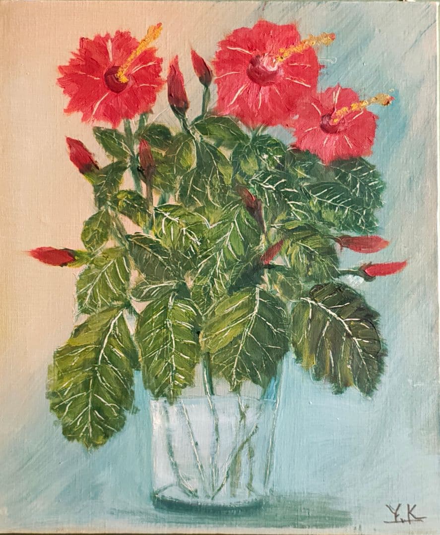 【F8原画2枚 + 額縁付】油彩画 紫陽花とハイビスカス 季節と気分次第で。