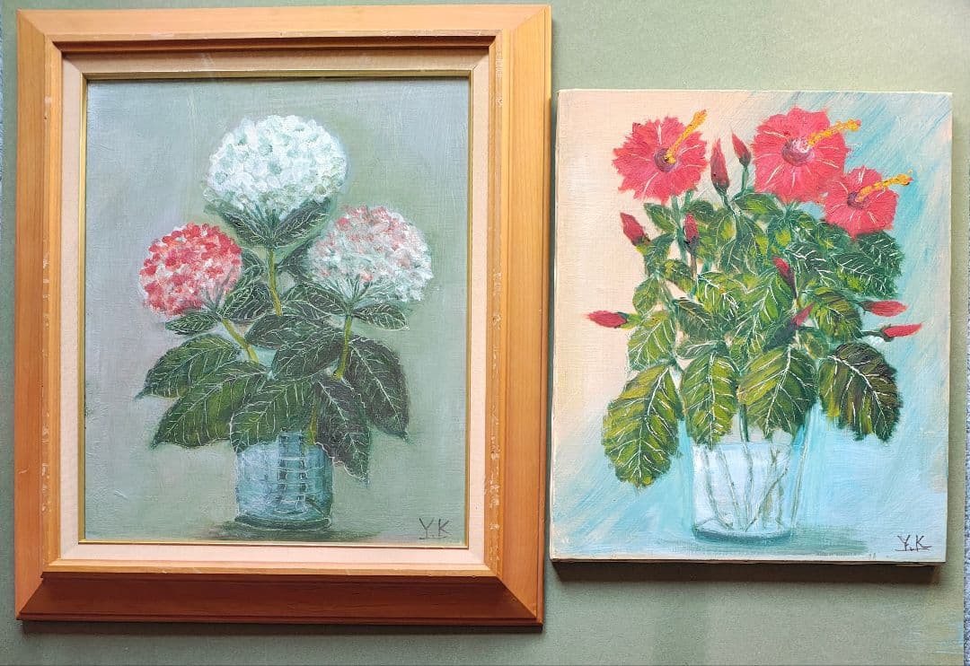 【F8原画2枚 + 額縁付】油彩画 紫陽花とハイビスカス 季節と気分次第で。