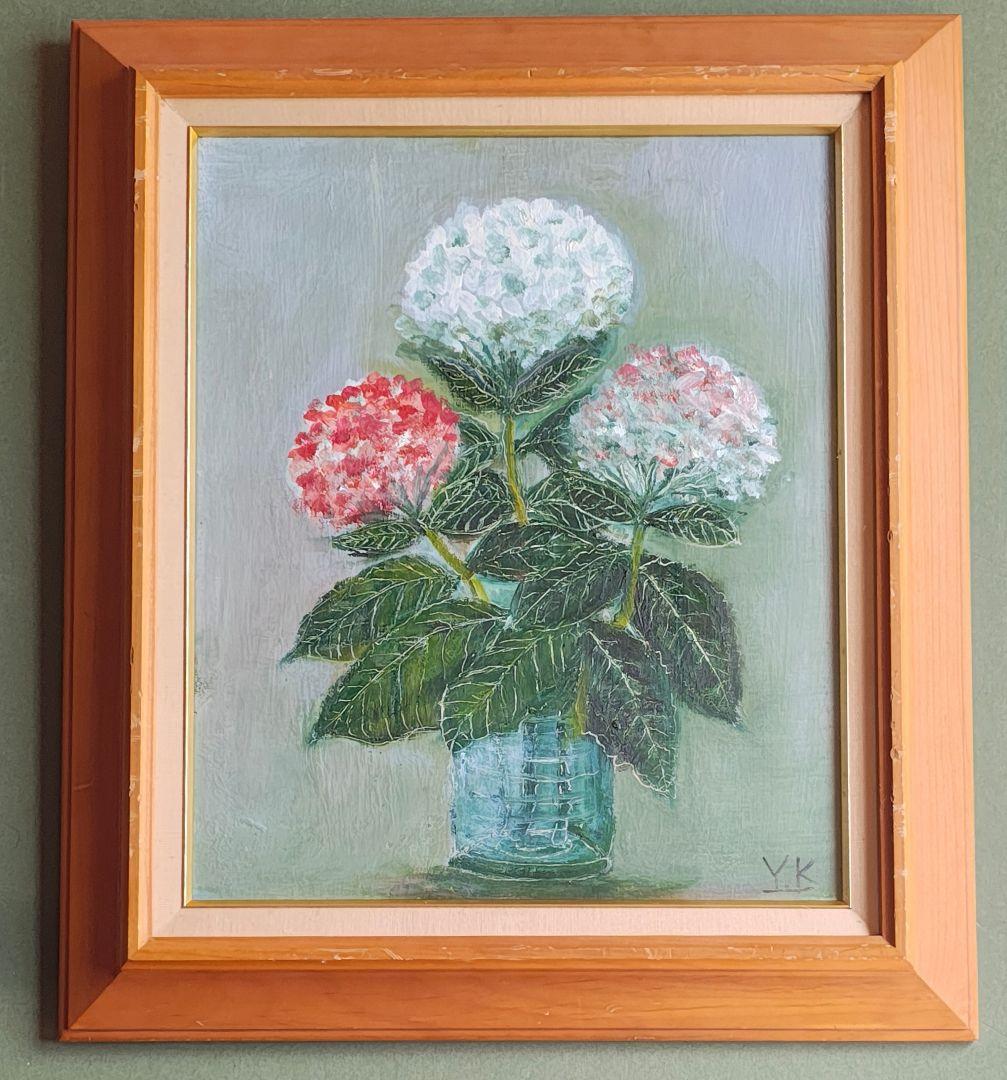 【F8原画2枚 + 額縁付】油彩画 紫陽花とハイビスカス 季節と気分次第で。