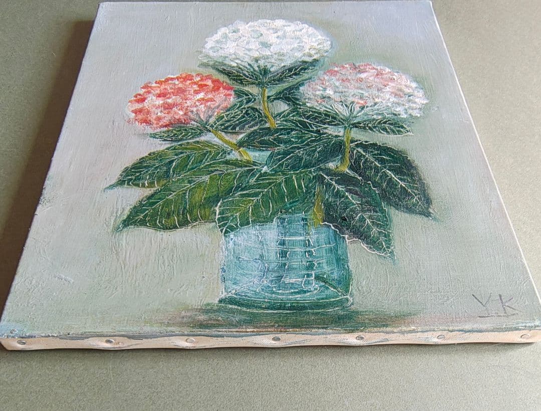 【F8原画2枚 + 額縁付】油彩画 紫陽花とハイビスカス 季節と気分次第で。