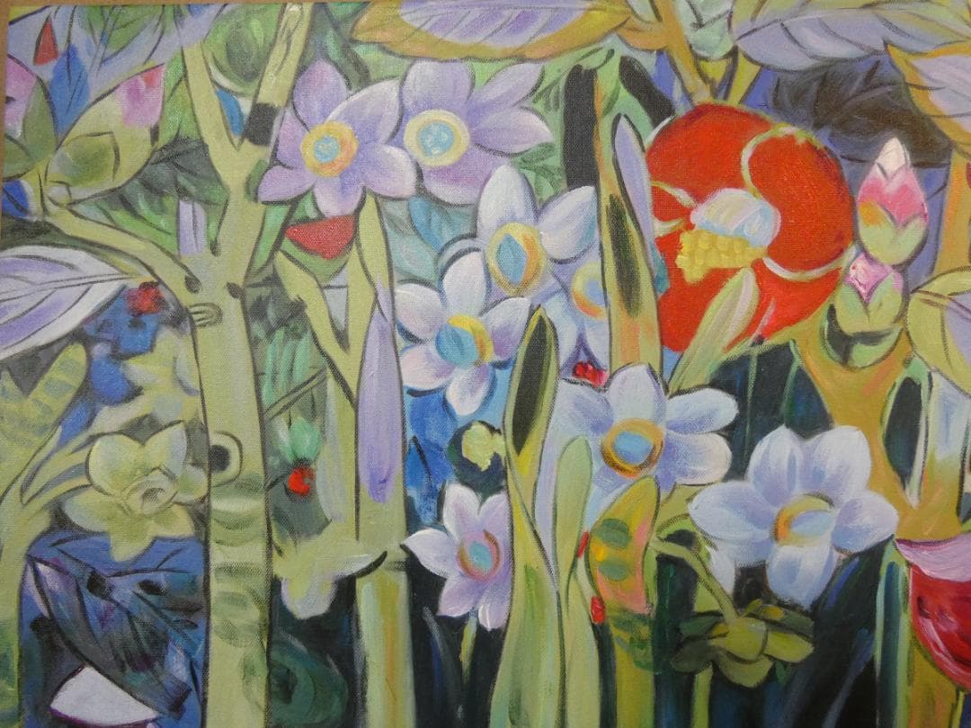 風景画　油絵　片岡球子　M10号　梅　額付き　手描き　肉筆