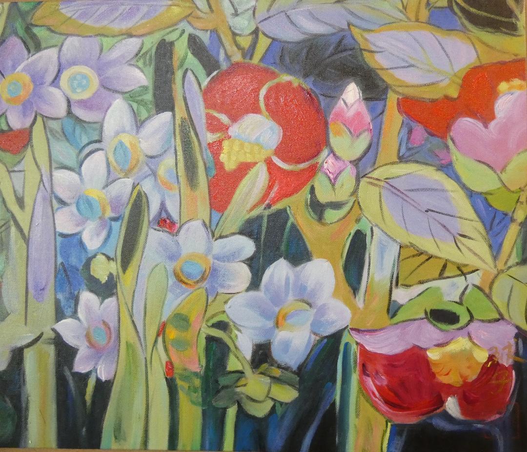 風景画　油絵　片岡球子　M10号　梅　額付き　手描き　肉筆