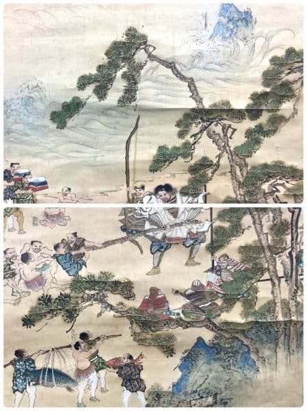 安田靫彦 箱書／土佐光起「武者絵」掛軸（大和絵） 紙本 三幅