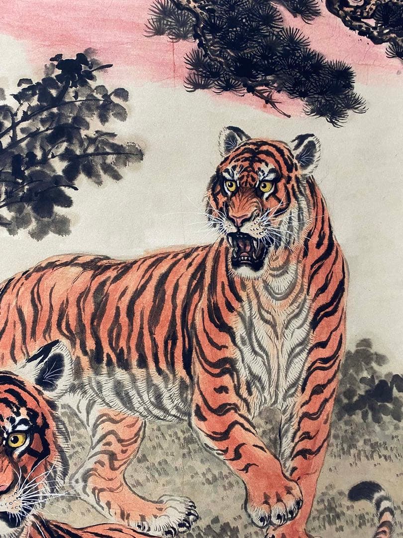 胡庵 双虎图 中国画 掛け軸 水墨画 和室 玄関 茶室 壁掛け 美術品
