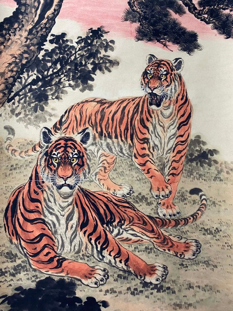 胡庵 双虎图 中国画 掛け軸 水墨画 和室 玄関 茶室 壁掛け 美術品