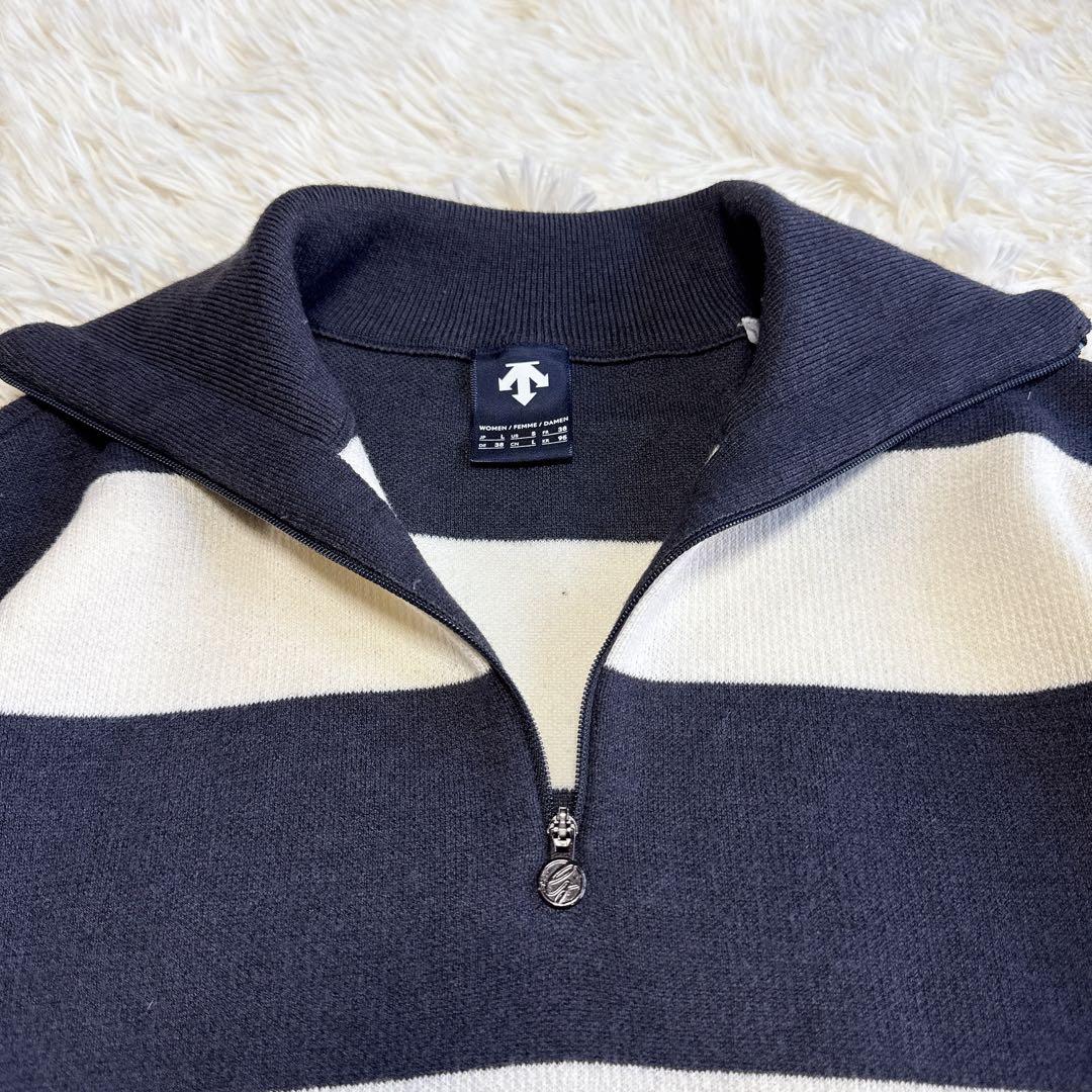 【デサントゴルフ】美品 ハーフジップ ニット ボーダー Lサイズ レディース