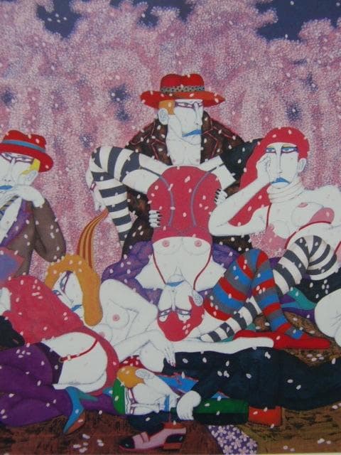 平賀 敬、【小磯夜桜】、希少画集画より、状態良好、新品高級額装付