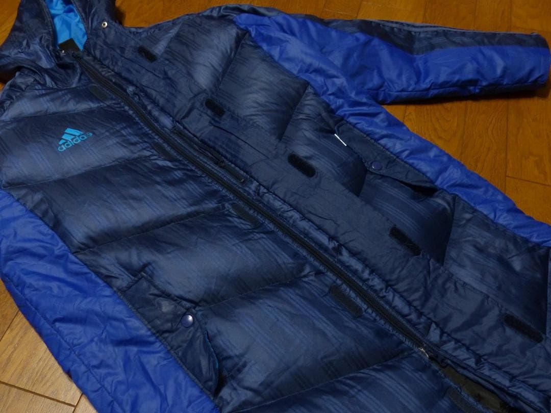 送料込 良品★adidas ロング ダウンコート L★アディダス/ネイビー