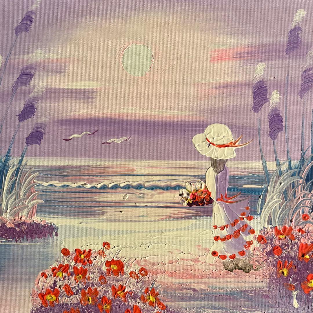 手書き油絵 ３枚組 海を眺める少女 額付き インテリア 油彩画 肉筆絵画