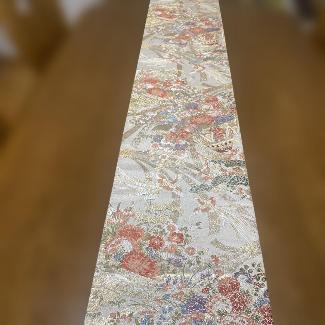 table runner 「花籠吉鳥」　帯リメイク 長長尺270㎝　正絹