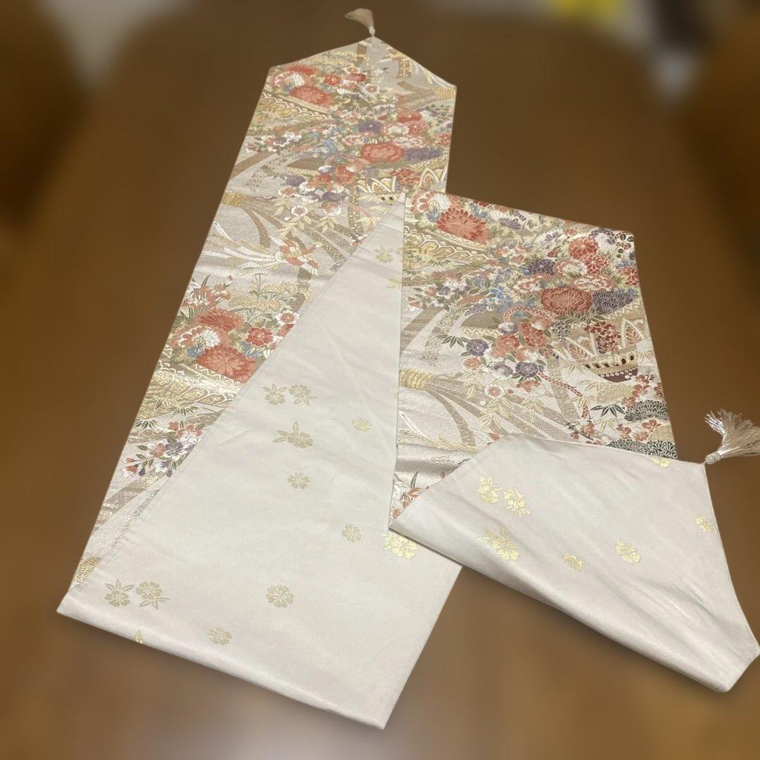 table runner 「花籠吉鳥」　帯リメイク 長長尺270㎝　正絹
