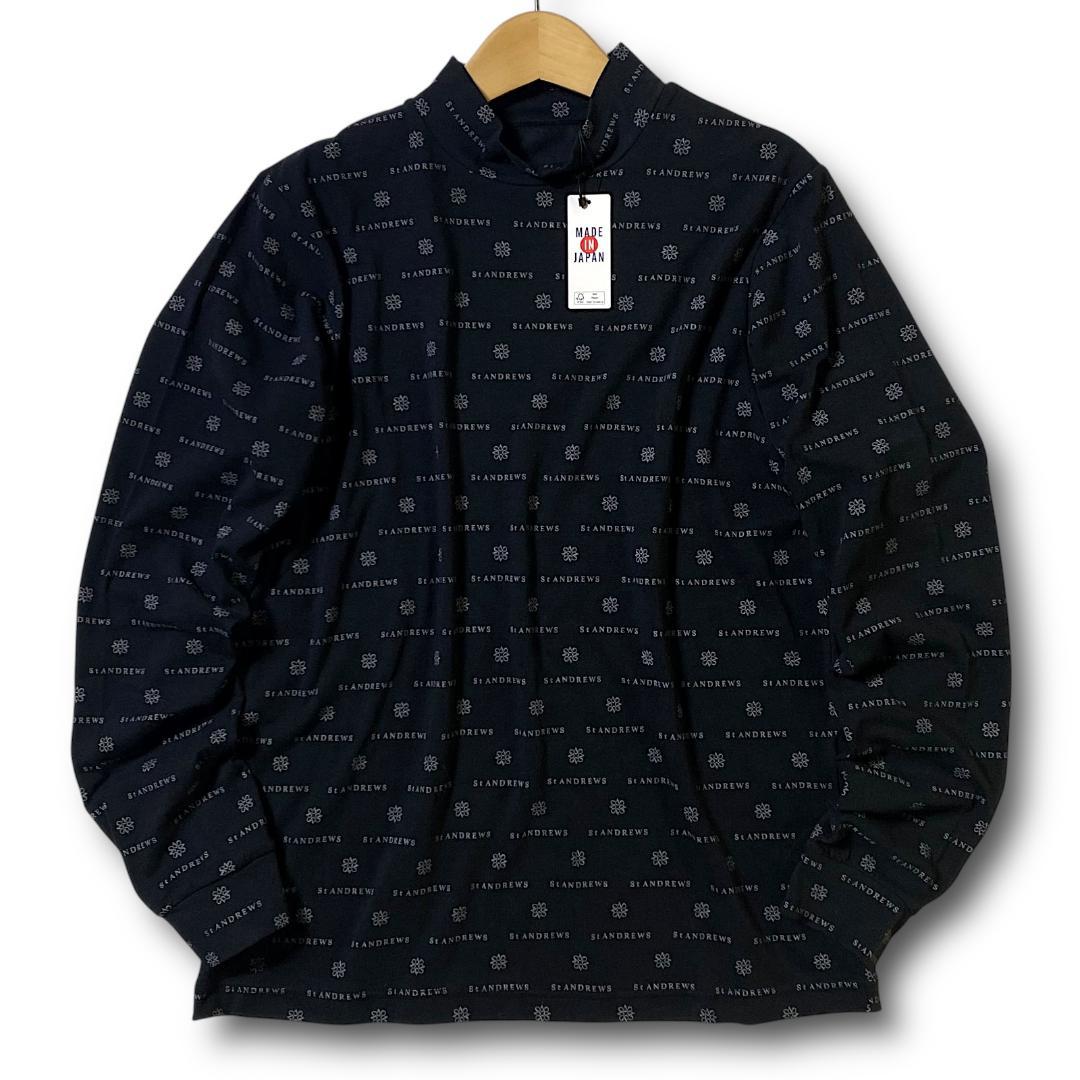 LL St ANDREWS ベア天竺 ブランドロゴ総柄 長袖ハイネックシャツ 黒