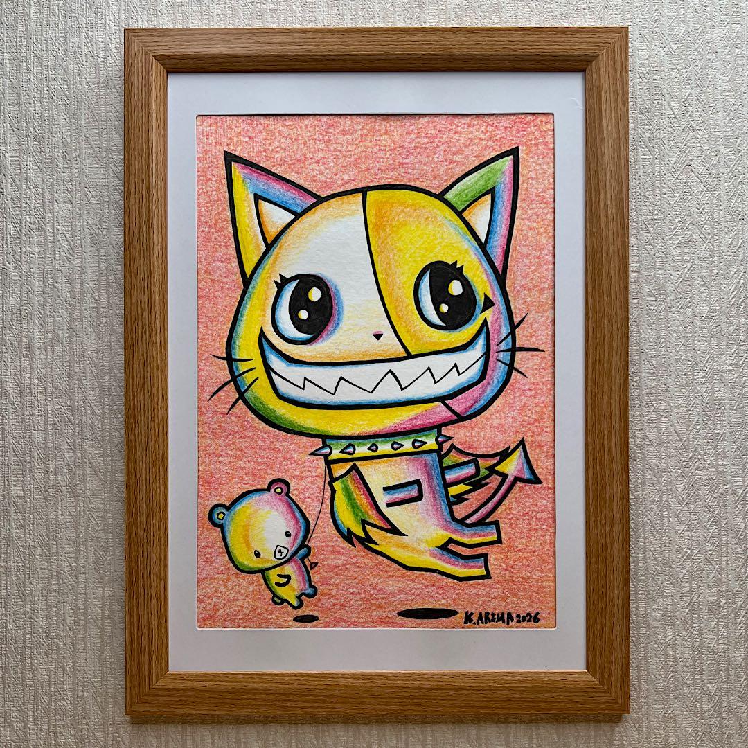 『魔法のひととき』｜動物画 原画 絵 手描き 癒し 猫 くまさん 一点物 額縁付