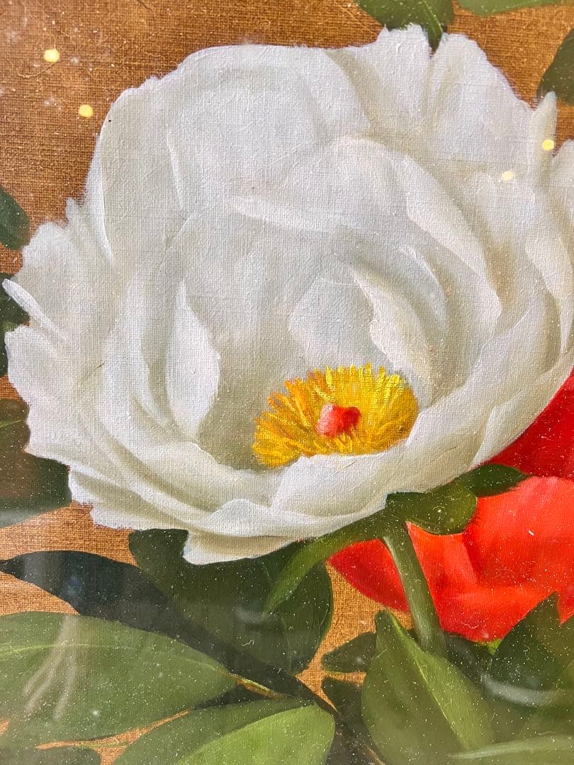 油彩画 安田英明 「牡丹」 真筆 額入り 額装絵画 油絵 植物画　インテリア