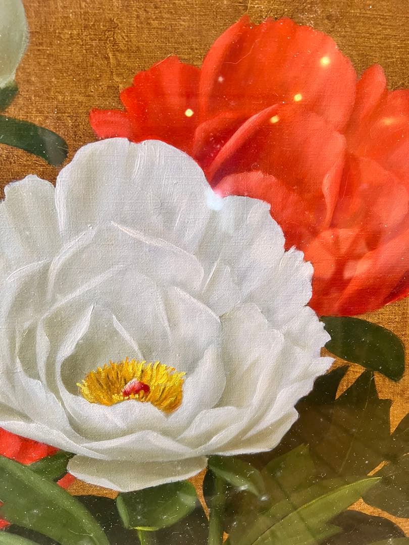 油彩画 安田英明 「牡丹」 真筆 額入り 額装絵画 油絵 植物画　インテリア