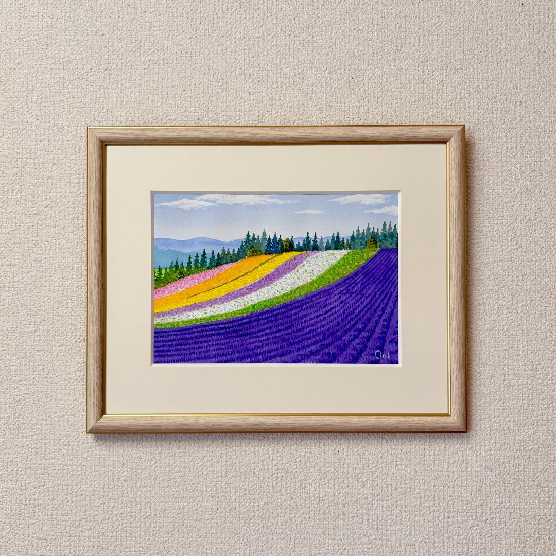 アクリル画　原画　「ラベンダー畑13」額縁付　SMサイズ　風景画