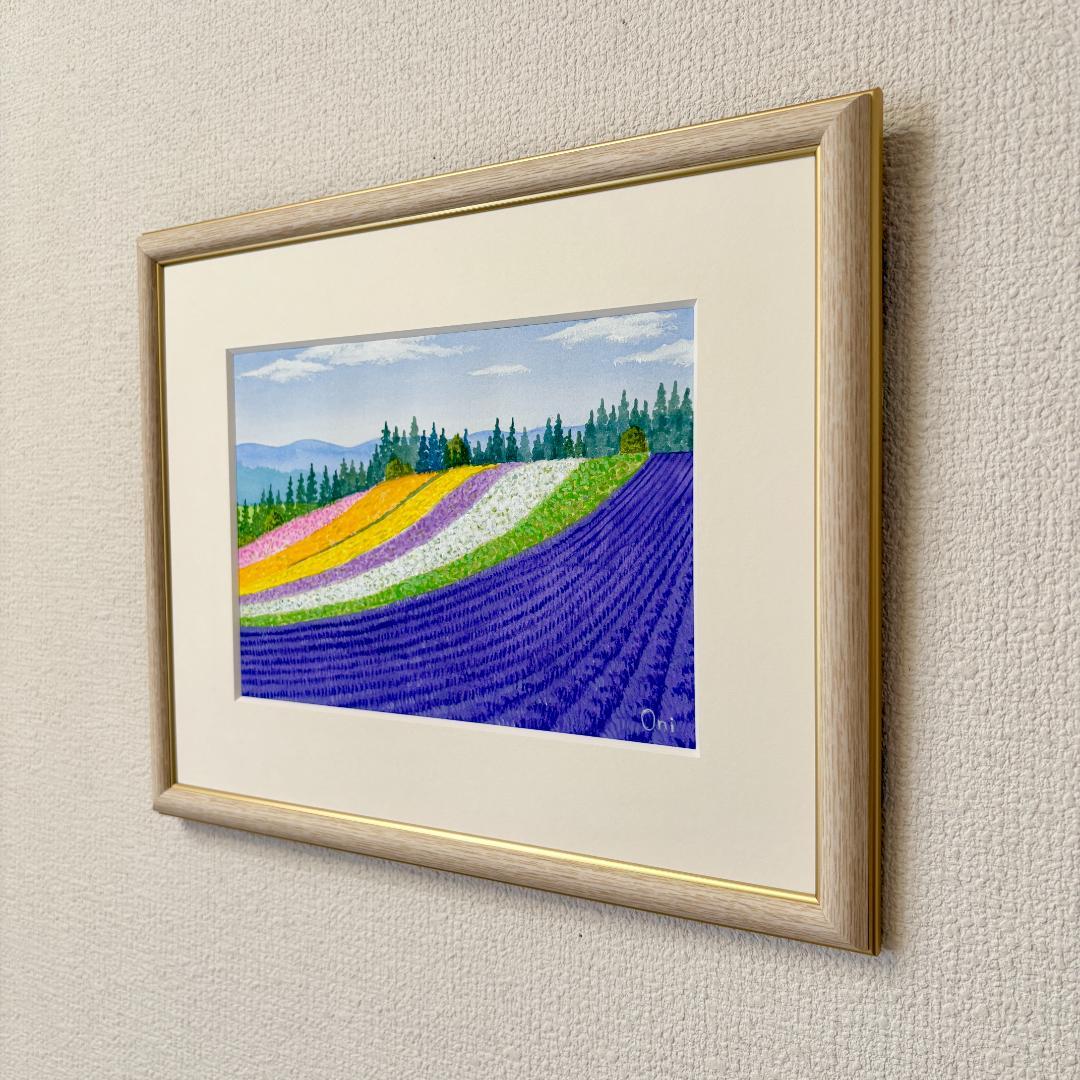 アクリル画　原画　「ラベンダー畑13」額縁付　SMサイズ　風景画
