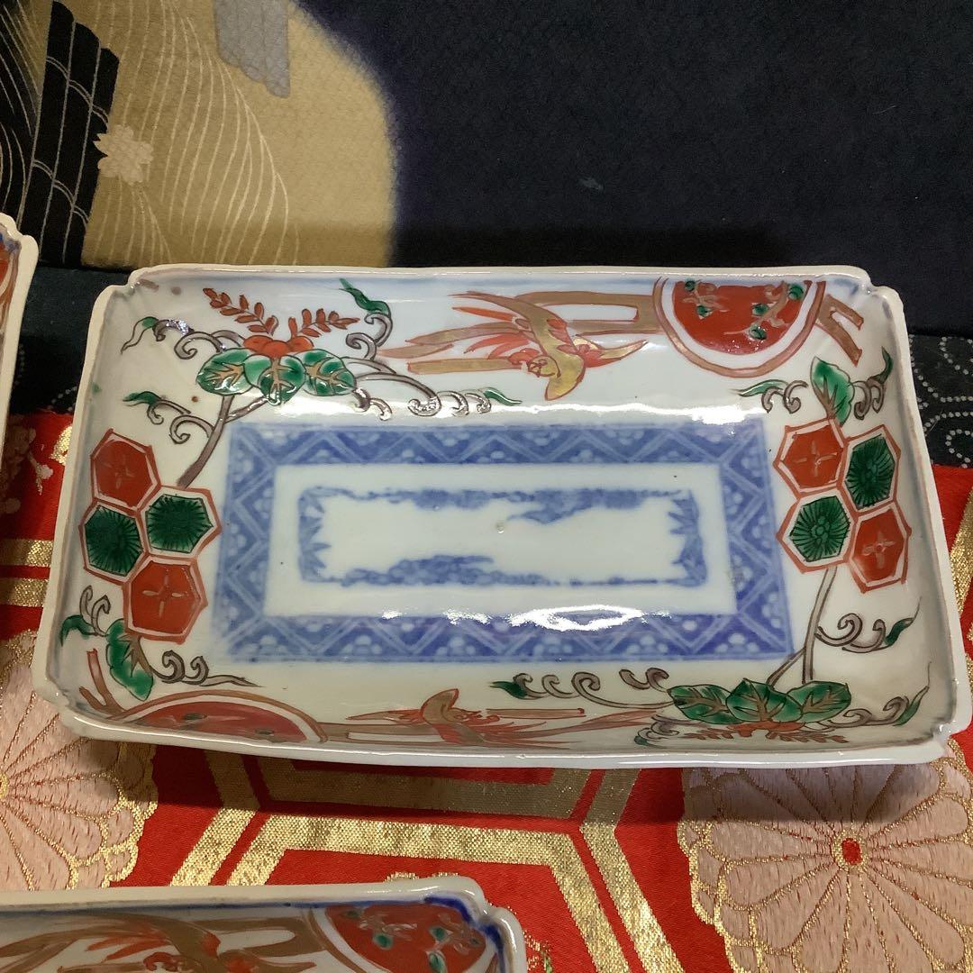 古伊万里　金欄色絵　絵皿　鳳凰紋　長方皿　5客　江戸〜幕末　輪島塗・李朝好きにも