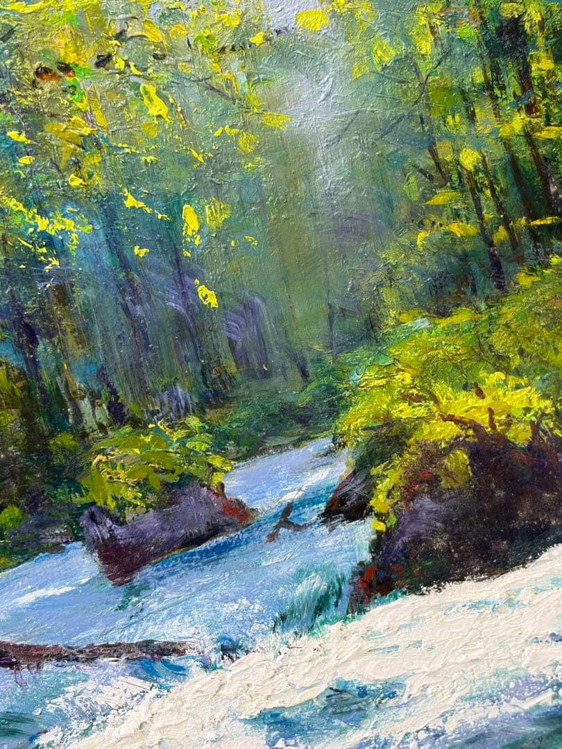 高橋一善 新緑の奥入瀬 額縁なし 油絵 現状品