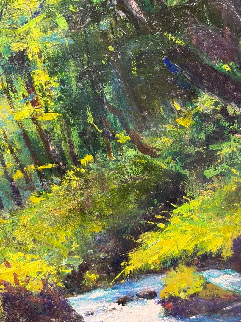 高橋一善 新緑の奥入瀬 額縁なし 油絵 現状品