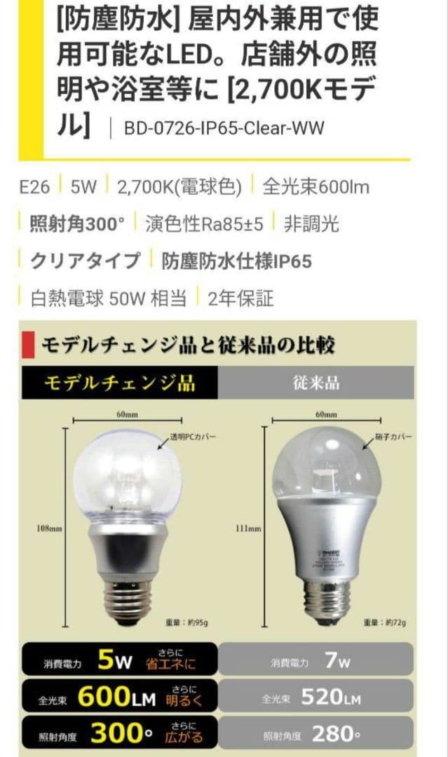 新品 LED電球 BD-0726-IP65-Clear-WW 10個セット
