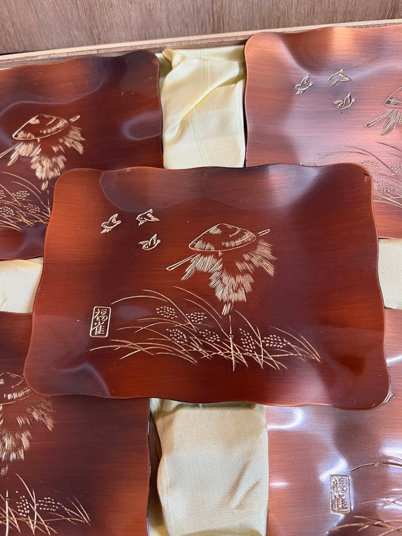 1178 銅仕上　山茶花　福雀　銘々皿　5客　ブロンズ沈金入　未使用