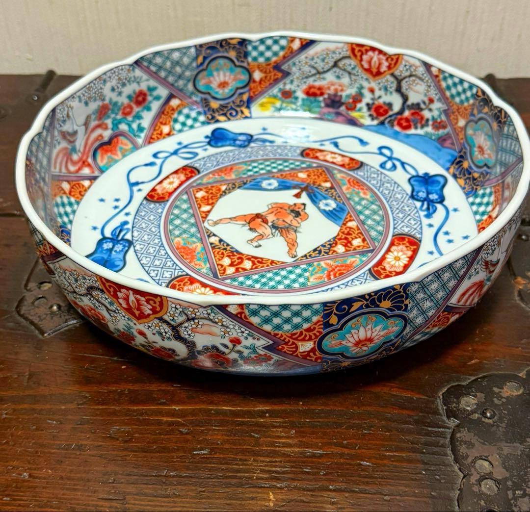 【古伊万里】未使用の色絵大皿・大鉢 大相撲@大翔山引退記念27cm