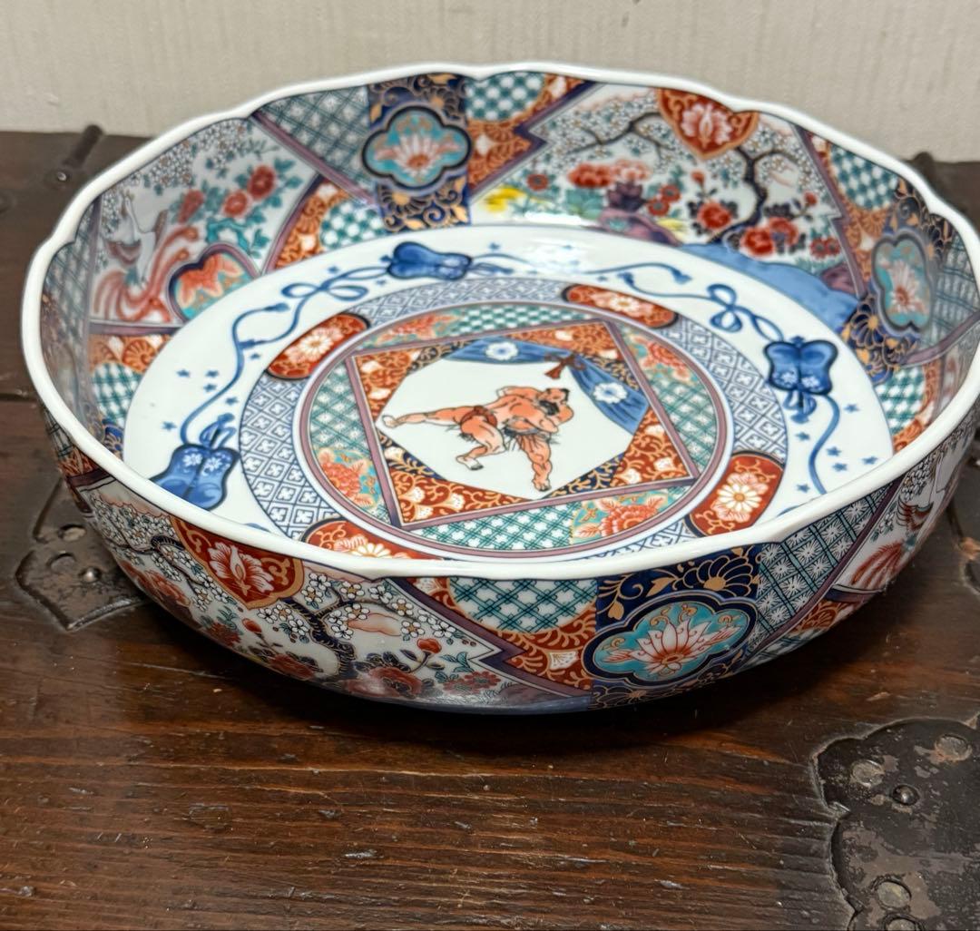 【古伊万里】未使用の色絵大皿・大鉢 大相撲@大翔山引退記念27cm